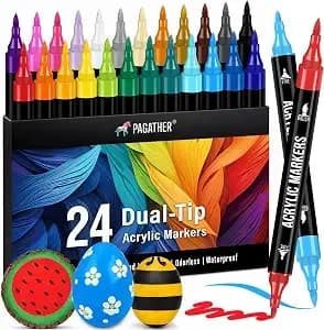 Pagather Acrylic Paint Markers, 24 Colors Dual Tip Fine & Brush Pens Set - For Rocks, Fabric, Wood, Glass & More, Perfect For Diy Crafts And Creative Art Projects With Bright, Smooth And Quick-Dry Ink