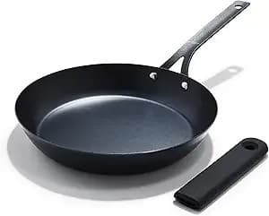 Oxo Obsidian 10" Carbon Steel Frying Pan, Pre-Seasoned Skillet, Builds Natural Nonstick With Use, Induction Ready, Oven Safe, Removable Silicone Handle