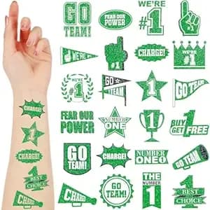 Landhoow 240 Pcs Green Team Spirit Tattoos Temporary Glitter Go Team Tattoos School Field Day Camp Spirit Day Accessories Football Cheer Stickers For Pep Rally Supplies Color Accessories