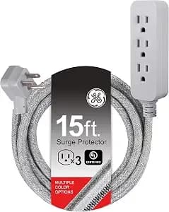 Ge Pro 3 Outlet Surge Protector Power Strip, 15 Ft Designer Braided Extension Cord, Flat Plug, Wall Mount, Heather Gray, 45915 - Extension Cord Flat Plug, Wall Mount, Heather Gray, 45915