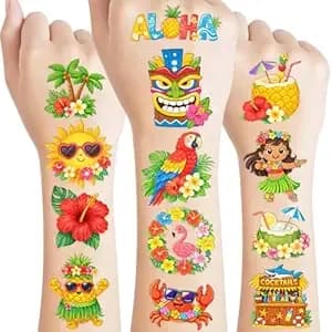 96pcs Hawaiian Luau Temporary Tattoos Pre-Cut - Tropical Hawaii Designs, Beach Summer Hawaiian Birthday Party Decorations, Supplies & Favors - School Gifts Rewards Prizes For Girls Boys Men Women