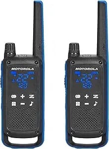 Motorola Solutions, Portable Frs, t802, Talkabout, Two-Way Radios Waterproof ip54 Walkie Talkie Emergency Preparedness, Rechargable, 22 Channel, 35 Mile, Black W/Blue, 2 Pack