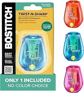 Bostitch Office Pencil Sharpener, Manual, One Assorted Color, Twist-N-Sharp, Kids, Boys, Girls, Colored Pencils, 1 Pack - 1 Assorted Color, Adjustable For Fine Point Or Blunt Tip. Easy To Use, Twist Instead Of Crank. Works On Any Standard Pencil.