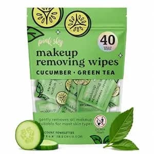 Pink Sky Makeup Remover Wipe For Face - Ultra Soft, Mini Makeup Wipes Individually Wrapped, Travel Makeup Wipe, Gently Cleanse & Remove, 40 Count (40 Wipes, Cucumber & Green Tea)