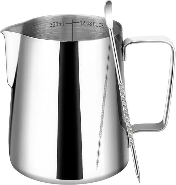 Amrules Milk Frothing Pitcher 12oz Frother Cup Barista Tools, Silver - 18/8 Stainless Steel, 12oz Capacity With Clear Scale, With Decorating Pen, Ergonomic Handle, For Cappuccino, Latte & Espresso