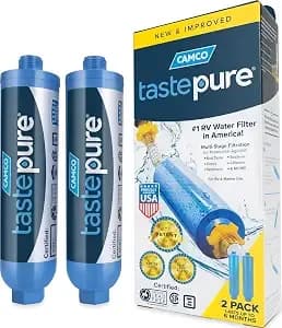 Camco Tastepure Rv Water Filter 2-Pk - Gac & Kdf Filtration-Made In The Usa - Advanced Rv Inline Water Filter With 6-Step Patent-Protected Filtration - Camping Essentials For Fresh Drinking Water (40045)