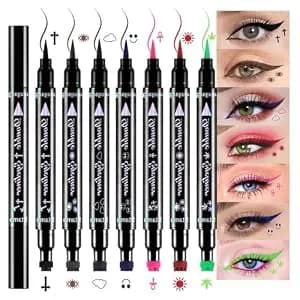 7pcs Colored Liquid Eyeliners With Face Stamps – Black Brown Purple Blue Red Pink Green Star Flower Heart Moon Triangle Stamps For Cosplay & Gothic Makeup – Beginner-Friendly (Multicolor-7pcs-set02)