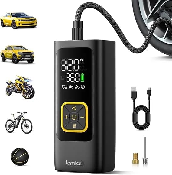 Lamicall Car Tire Inflator Portable Air Compressor, 4x Faster, 150 Psi - With Auto Stop, Rechargeable, Pressure Gauge Display, Led Light, Car Accessories Automatic Air Pump For Motorcycle Bike Ball