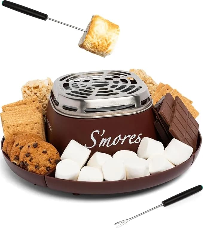 Nostalgia Tabletop Indoor Electric S'Mores Maker - Smores Kit With Marshmallow Roasting Sticks And 4 Trays For Graham Crackers, Chocolate, And Marshmallows - Movie Night Supplies - Brown