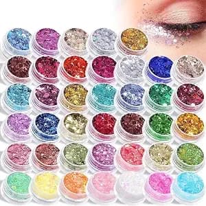 Aroic 40 Colors Body Glitter, Holographic Eyeshadow Sparkles Face Glitter - Sparkle Face Paint Makeup For Kid Women, Glow In The Dark Singer Party Concert Cosplay Festival Rave Accessories