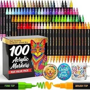 Artistro 100 Acrylic Dual-Tip Glass Marker Pens For Wine Glasses - Brush + Fine Tips Vibrant Dual Tip Paint Pens For Party Charms, Diy, Craft - Art And Craft Supplies For Adults, Teens, Kids