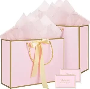 Woric Pink Gift Bags With Handles, 14" Medium Gift Bags With Tissue Paper - 2 Pcs Pink Bags, 4 Tissue Paper And 2 Cards, For Baby Shower, Wedding Bridal Shower, Birthday Party