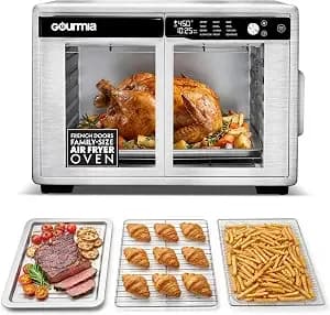 Gourmia French Door Air Fryer Oven - 37 Qt Large Capacity Convection Toaster Oven, Fryforce 360°, Digital Display, 12 Cooking Presets, Dehydrate, Fits 13” Pizza, Dishwasher-Safe, Stainless Steel