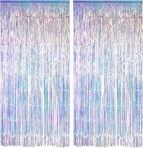 Iridescent Party Streamers Backdrop - Greatril Neon Transparent Holographic Tinsel Foil Fringe Curtain For Mermaid/Frozen/Sea/Euphoria/Eras Party Theme Decorations 3.2ft X 6.5ft 2 Pcs