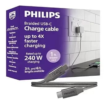 Philips 240w Usb-C To Usb-C Charging Cable, Laptop & Phone Cable - Macbook Pro & Air, Windows, Iphone 17 Series, Samsung Galaxy, Google Pixel, Drone, Camera, External Ssd, 1 Ft, dlc3325bg/37