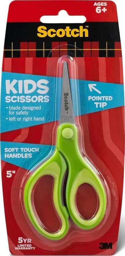 Scotch Kids Pointed Tip Scissors With Soft Touch, 5" (Colors May Vary) - Stainless Steel Blades For Classroom Crafts