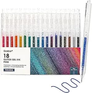 Grabie 18 Color Glitter Gel Pens, Retractable Sparkle Art Pens - Retractable Design, Smooth Gel Ink, Sparkling Finish, Acid Free Ink, Quick Drying, Coloring Books, Journaling, Drawing