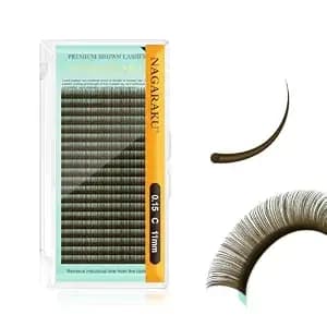 Nagaraku Individual Lash Extensions 0.15 C 11mm Natural Brown - Soft Faux Mink Pbt Single Lashes Lightweight Comfortable, 20 Rows, Professional Salon Classic Lash Grafting Supplies