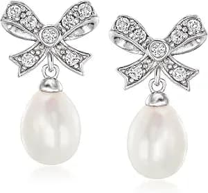 Ross-Simons 8-9mm Cultured Pearl And .30 Ct. T.W. White Topaz Bow Drop Earrings In Sterling Silver