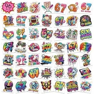 96pcs 67 Temporary Tattoos, Funny Number Meme Tattoo Stickers, Ice Cream Baseball Donut Fake Tattoos, 67 Birthday Party Favors Decorations