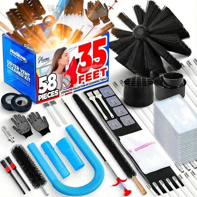 Holikme 35ft Dryer Vent Cleaner Kit 58pcs - Lint Remover Brush Vacuum Tools - Dryer Vent Brush Kit, Omnidirectional Lint Vacuum Attachment & Lint Trap Brush Clean Hard-To-Reach Areas, Remove Hidden Lint