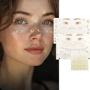 Gold Glitter Freckles Face Tattoo Sparkle Face Makeup Patches Metallic Sticker Temporary Transfer Tattoo Parties Decor For Halloween Christmas Women Makeup Dancer Costume 3 Sheets 1 Set