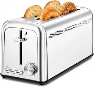 Toaster 4 Slice Stainless Steel,Slim Toater With 9 Shade Settings,4 Slice Toaste Long Slot With Bagel/Defrost/Cancel Functions, Lainsten T-438(Silver)