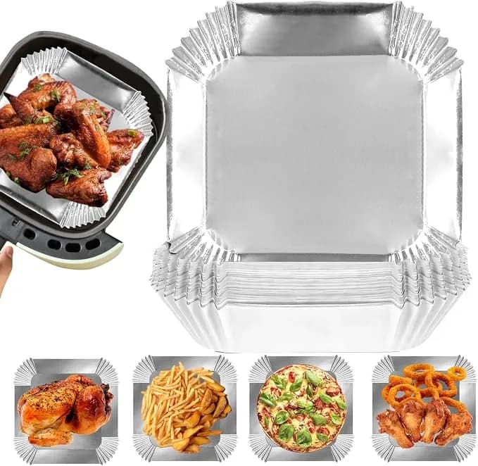Air Fryer Liners, 100pcs Aluminum Foil Air Fryer Disposable Paper Liner - 6.3” Square Non-Stick Sheets, Food Grade Aluminum Foil For Baking, Frying, Grilling, Roasting Microwave