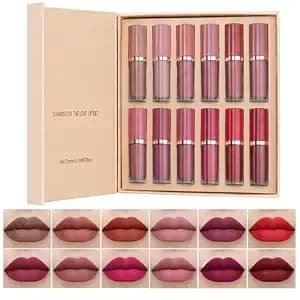 Baisen Diary 12 Colors Book Style Velvet Matte Liquid Lipstick Christmas Gift Set Long-Lasting Non-Stick Cup Not Fade Shimmer Nude Lip Gloss Thanks For The Love Lip Set (Set B)