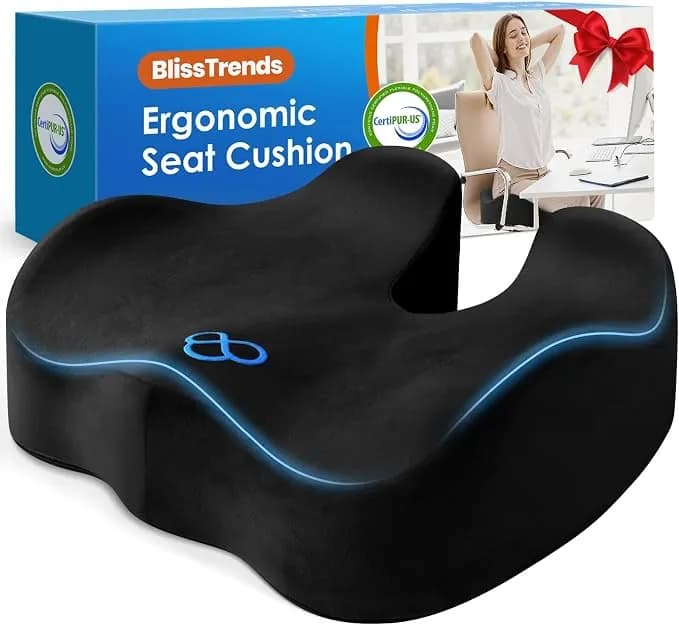 Blisstrends Memory Foam Seat Cushion For Office Chair & Car Seat, Black - Ergonomic Tailbone & Sciatica Support With Removable Velvet Cover For Pressure Relief And Long Sitting Comfort, 3.3" Thick