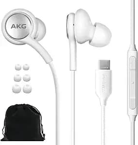 Samsung Akg Earbuds Original Usb Type C In-Ear Earbud Headphones With Remote & Mic For Galaxy s23 Ultra, a53 5g, s22, s21 Fe, s20, Note 10, 10+, s10 Plus - Braided - Includes Velvet Pouch - White