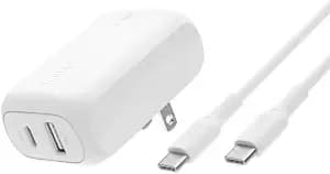 Belkin 42w Usb C And Usb A Charger Block, Usb C To C Cable Included - Super Fast Charging, Samsung Galaxy s25, Iphone 17, Air, Pro, Ipad, Airpods, Nintendo Switch 2