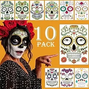 Day Of The Dead Face Tattoos Makeup Kit, 10 Pack Halloween Sugar Skull Red Roses Temporary Tattoos For Adults Women Men Kids, Diy Skull Full Face Mask Stickers For Halloween Party Cosplay Supplies