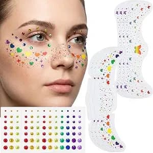 Wehhbtye 9 Sheet Rainbow Freckles Face Tattoos And Gems Sticker Set, Pride Month Glitter Freckles Stickers, Multicolor Heart Face Gems For Lgbtq+ Parade Festival Makeup Accessories