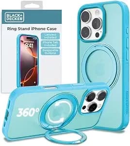 Black+Decker 360°Spin Magnetic Stand For Iphone 16 Pro Max Case, Blue - Compatible With Magsafe Protective Stylish For iphone16 Pro Max Case, Ostand Kickstand Rotatable, Lanyard, Extra Buttons