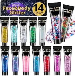 Aroic 14 Colors Body Glitter, Mermaid Fairy Hair Glitter Gel For Kids - Sparkling Sequins Glitter Face Paint For Women, Chunky Eye Shimmer Makeup For Singer Party Concert Festival Rave Accessories
