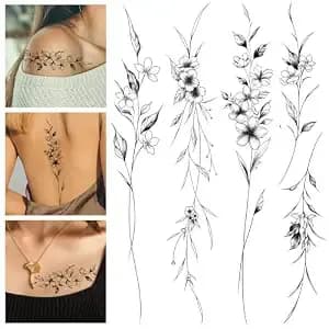12 Sheets Long Flowers Vine Leaves Plant Temporary Tattoos For Women - Realistic, Long Lasting, Adult Fake Tattoo Stickers, Shoulder, Sleeve, Waist, Arm, Leg, Foot