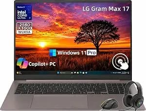Lg Gram Max 17 Laptop, 17" Wqxga Ips Touchscreen, Intel Core Ultra 7 355 Ai Processor, 32gb lpddr5 Ram, 1tb Ssd, Wi-Fi 7, Thunderbolt 4, Ai Copilot+ Pc, 26.5-Hour Battery, Ultra-Light, Windows 11 Pro