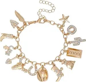 Jessica Simpson Gold Tone Charm Bracelet For Women 7"+3" - Western Bracelets For Women, 14 Charms With Crystals