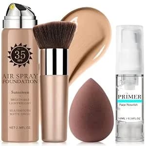 Airbrush Foundation Spray With Primer And Brush, Silky Mist Foundation Spray Makeup, Full Coverage Foundation For Smooth Radiant Finish, Formula Breathable Lightweight Hydrating (#2 Sunscreen Beige)