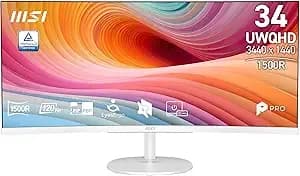 Msi Pro mp341cqw e12 34-Inch Va 3440 X 1440(Uwqhd) Computer Monitor, 120hz, Adaptive-Sync, Hdmi, Displayport, Vesa Mountable, Speaker, 1ms, White