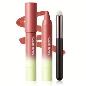 2-In-1 Matte Lip Crayon Nude Lipstick & Liner With Lip Brush, #02 - Matte Finish, Smooth Texture, Long Lasting Waterproof Lipstick For Women, Vegan & Cruelty-Free