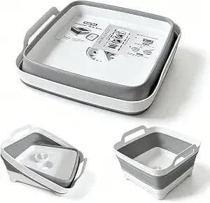 Collapsible Wash Basin With Drain Plug - 2.4 Gallon Foldable Kitchen Sink For Baby Bottles, Rv Camping, Space-Saving Dish Tub (Gray)