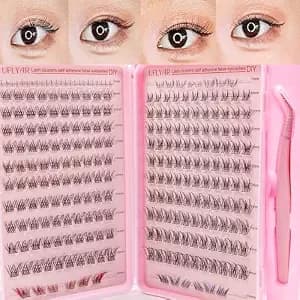 Self Adhesive Press On Lash Cluster Kit, No Glue Diy Lash Extensions - 242pcs Dual Style Upper, Bottom & Colored Lashes, Non-Stick Tweezers, Reusable No Residue, Double-Reinforced Base
