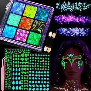 Ygdz Glow In The Dark Body Glitter, Face Glitter Gel, Mermaid Face Gems Kit, Hair Glitter Jewels For Makeup, Festival Outfits For Uv Black Light Party, Rave Accessories For Women