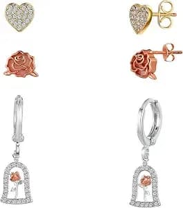 Disney Beauty And The Beast Tri-Tone Heart Rose 3-Piece Earring Set - This Officially Licensed Beauty And The Beast Earring Set Is Crafted From Silver-Plated.