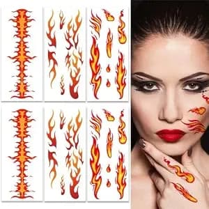 6 Sheets Flame Temporary Tattoo Stickers For Women Men Face Body Arm Makeup Decoration, Red Flame Realistic Waterproof Flame Transfer Tattoos For Halloween Festival Party Decor (Orange)