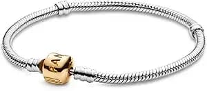 Pandora Logo Barrel Clasp Snake Chain Bracelet - Two-Tone Charm Bracelet For Women - Compatible Moments Charms - Sterling Silver Gold - Gift For Her, With Gift Box