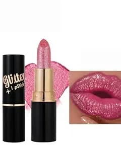 Rose Pink Metallic Glitter Lipstick Long Lasting,Diamond Nude Shimmer Lip Gloss High Pigment Lip Red Color Matte Lip Stick For Women,Sparkling Shiny Transfer Proof Non Stick Tinted Lip Balm Makeup-03