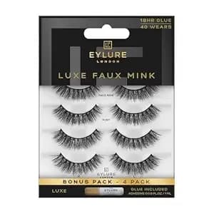 Eylure Luxe Faux Mink Ruby Eyelashes, Reusable Strip Lashes, Silk Effect Fibers, Black, Multipack (4 Pairs)